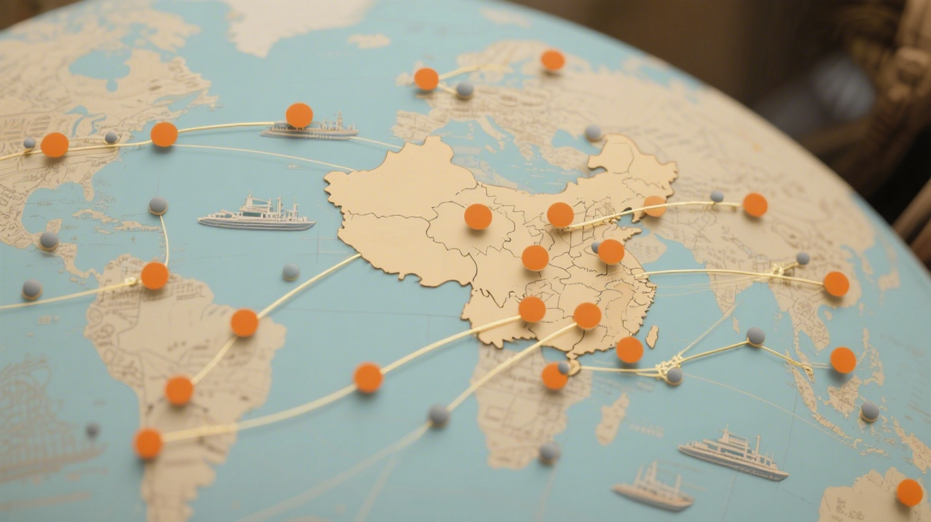 Map showing China's major shipping ports—Shanghai, Shenzhen, and Ningbo—and global ocean freight routes to the US and Europe